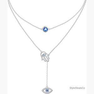 Sterling Silver Double Chain Y Necklace with Evil Eye Pendant